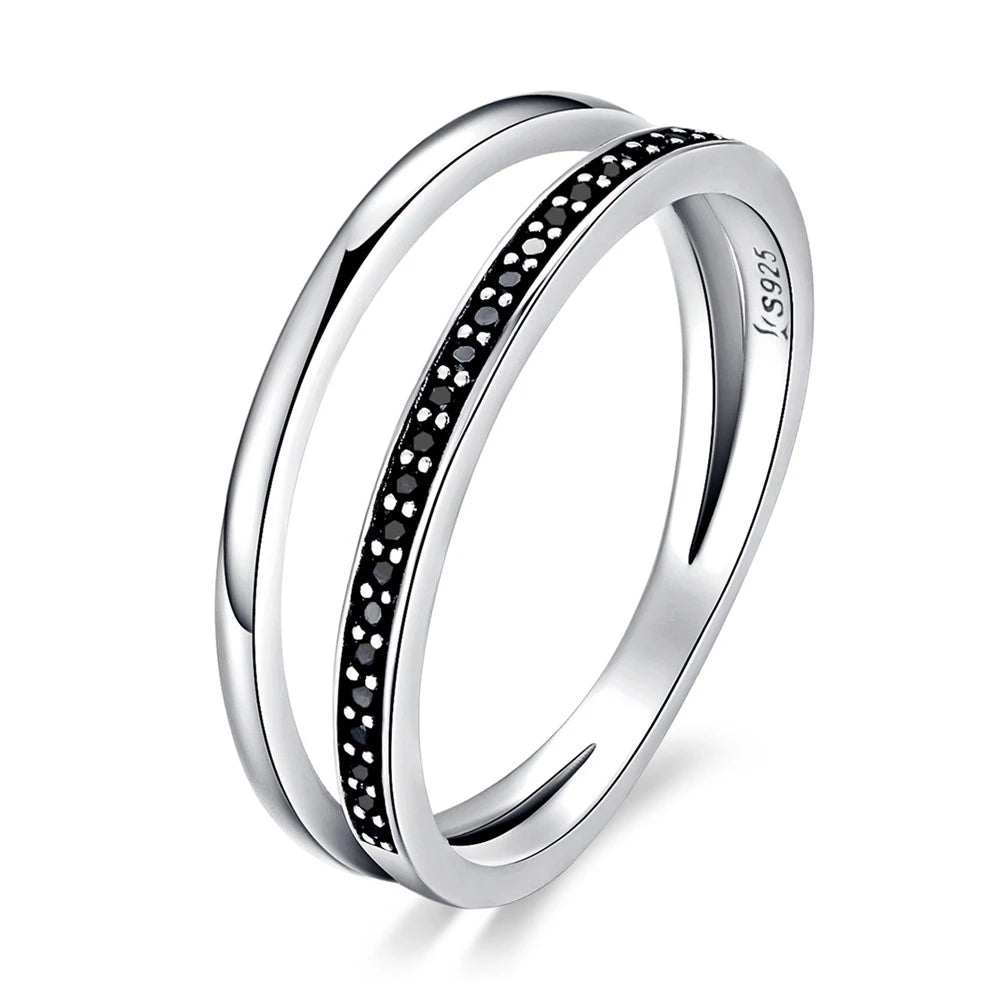 Bamoer Genuine 925 Sterling Silver Double Circle Black Clear CZ Stackable Finger Ring for Women Fine Silver Jewelry Gift SCR082 Mirror Quenn