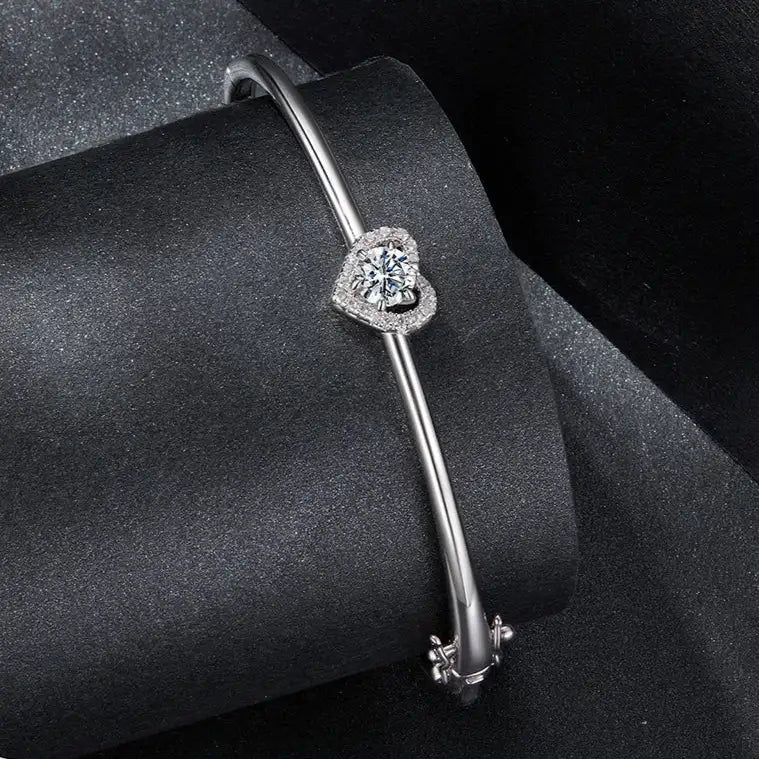 Hollow Heart Moissanite Cuff Bracelet – 925 Silver Mirror Quenn