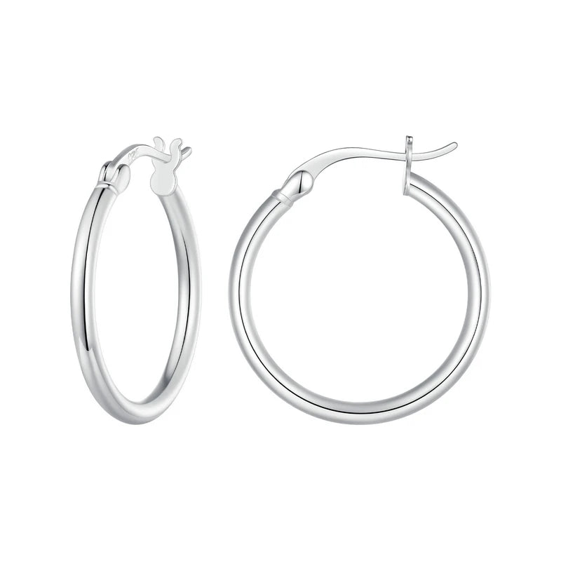 BAMOER 925 Sterling Silver Bold Classic Hypoallergenic Hoop Earrings, 14K White Gold Plated Standard Tube Earrings for Women Mirror Quenn