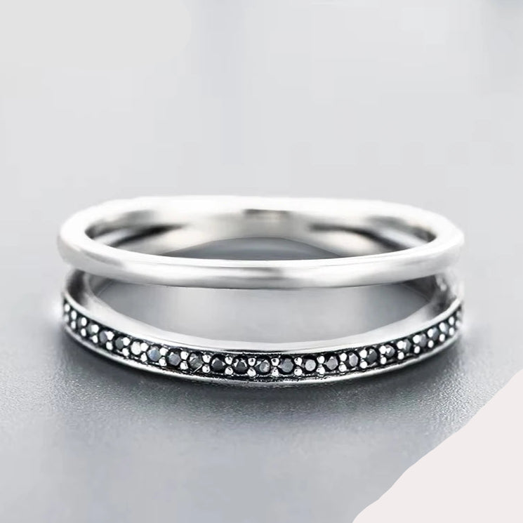 Genuine 925 Sterling Silver Double Circle Black Clear CZ Stackable Finger Ring for Women Fine Silver Jewelry Gift SCR082 Mirror Quenn