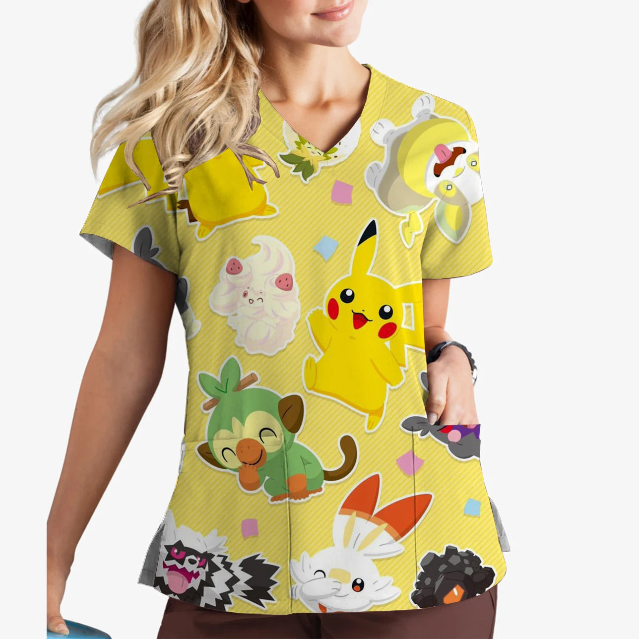 Pikachu Print V-Neck Scrub Top for Women | Cute Cartoon Work Uniform - MirrorQuenn