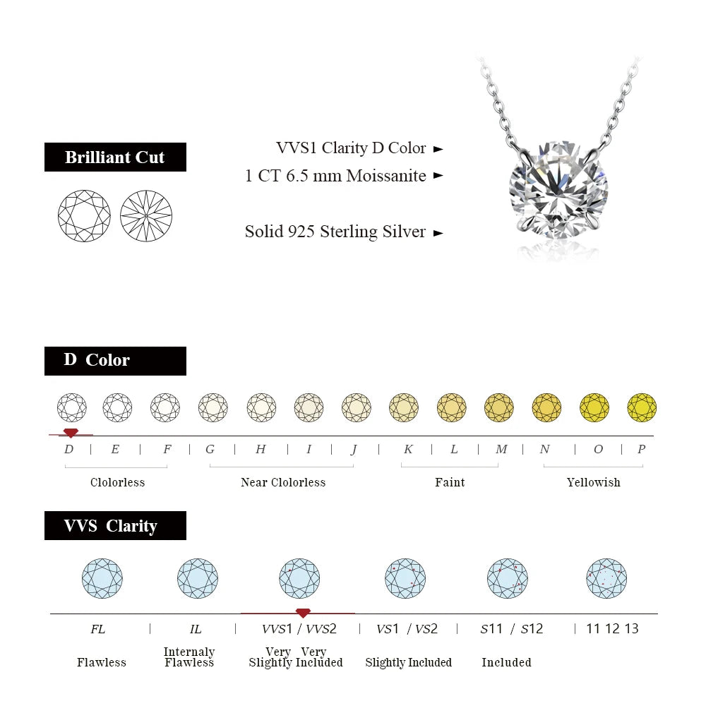 1CT Moissanite Diamond Pendant Necklace in 925 Silver