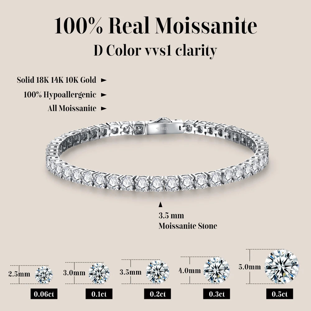 ATTAGEMS 4.0mm 5.0mm DVVS1 Pass Diamond Test Round Cut Moissanite Tennis Bracelet White Gold Plated 925 Silver Jewelry for Women Mirror Quenn