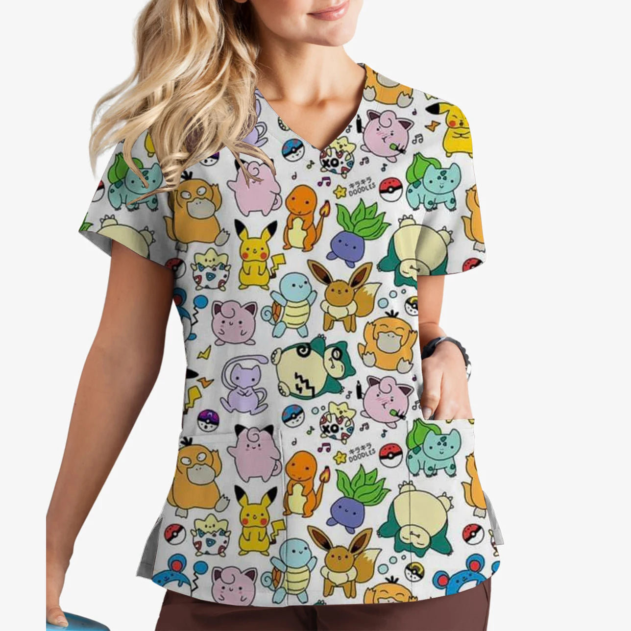 Pikachu Print V-Neck Scrub Top for Women | Cute Cartoon Work Uniform - MirrorQuenn
