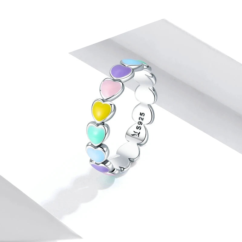 BAMOER 925 Sterling Silver Cute Rainbow Heart Finger Ring for Women Stackable Silver Ring with Mini Hearts Trendy Jewelry Mirror Quenn