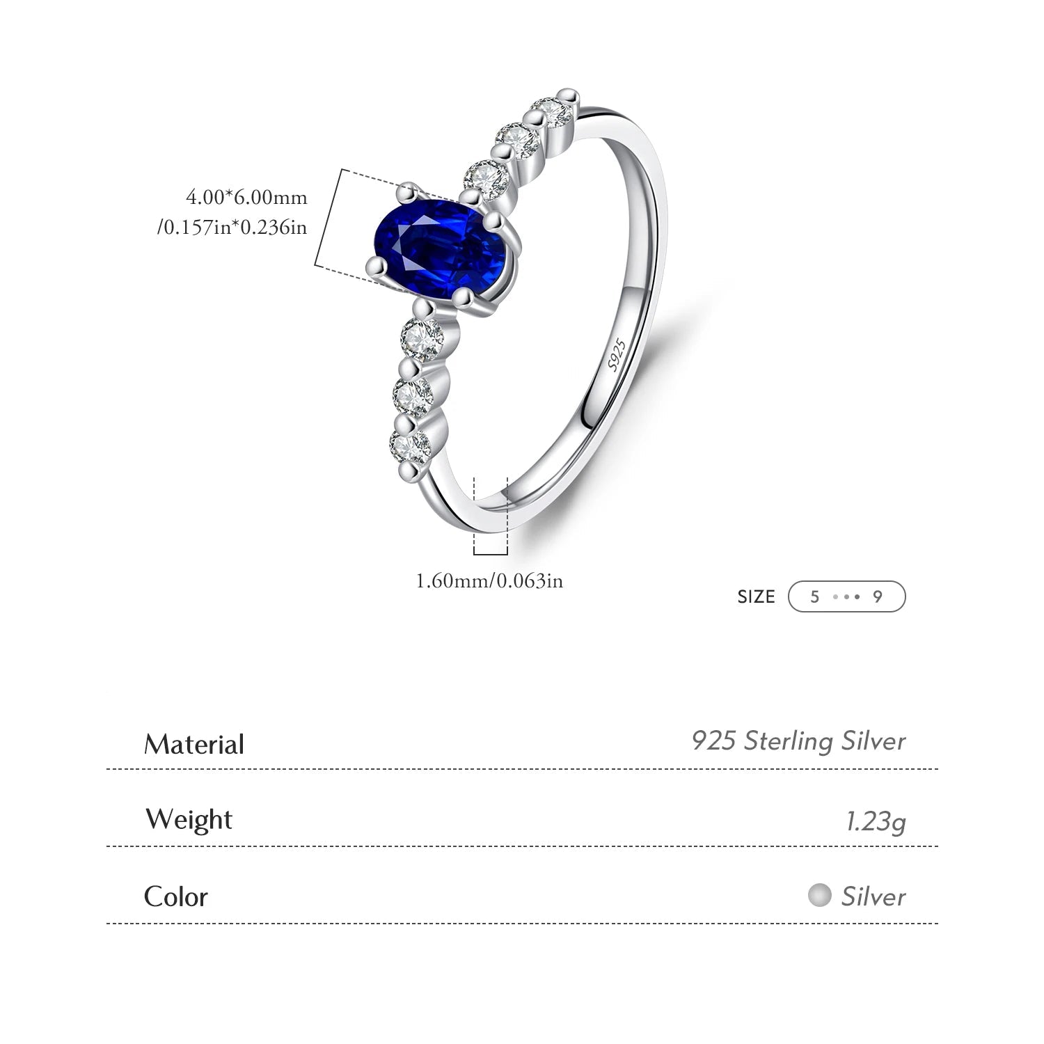 MODIAN 925 Sterling Silver Vintage Exquisite Basic Oval Blue Zirconia Finger Ring for Women Statement Ring Jewelry Gift Mirror Quenn