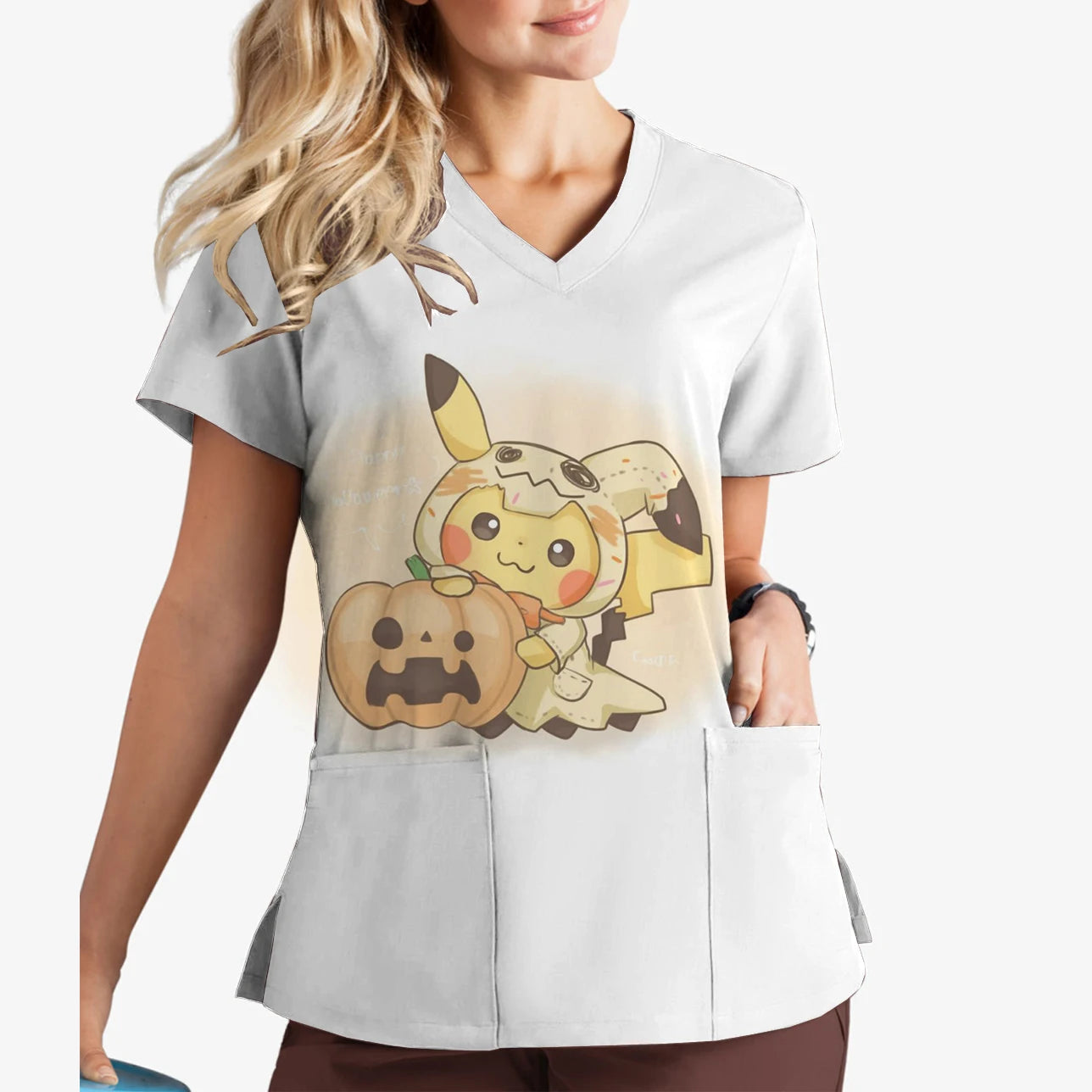 Pikachu Print V-Neck Scrub Top for Women | Cute Cartoon Work Uniform - MirrorQuenn