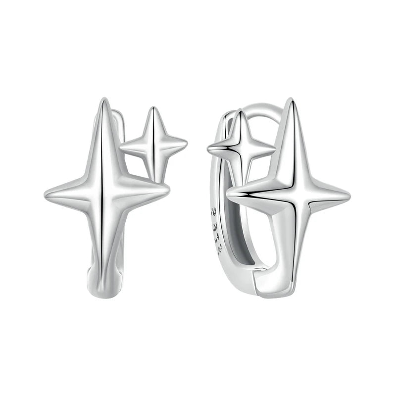 BAMOER Solid 925 Sterling Silver Starlight Hoop Earrings for Women Teens Double Star Huggie Earrings Minimalist Fine Jewelry Mirror Quenn