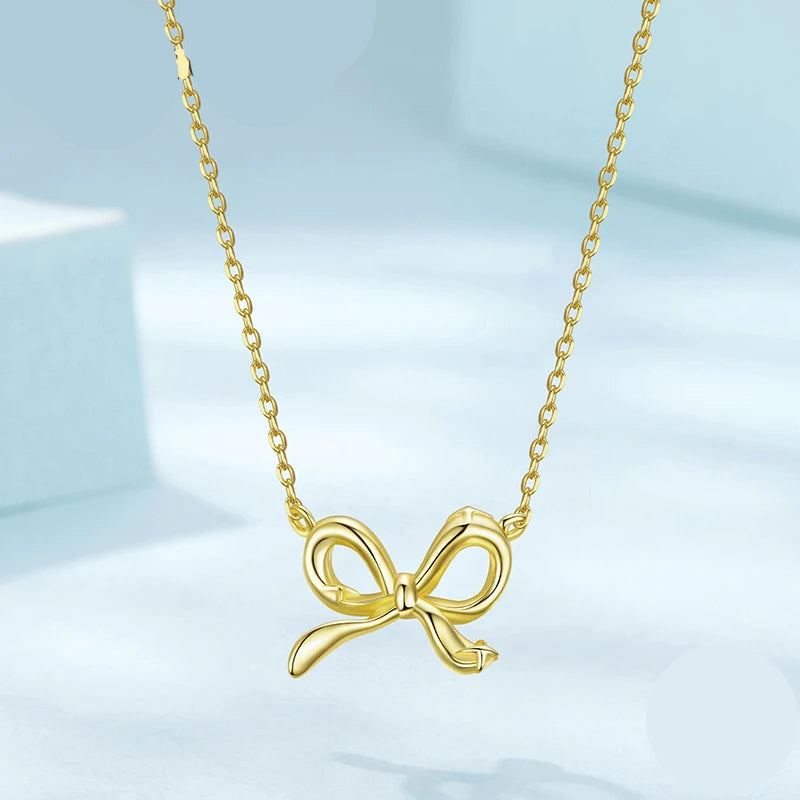 BAMOER 925 Sterling Silver Bowknot Chain Necklace Gold Plated Link Chain with Bow Choker for Women Girls Fashion Jewelry Gifts Mirror Quenn