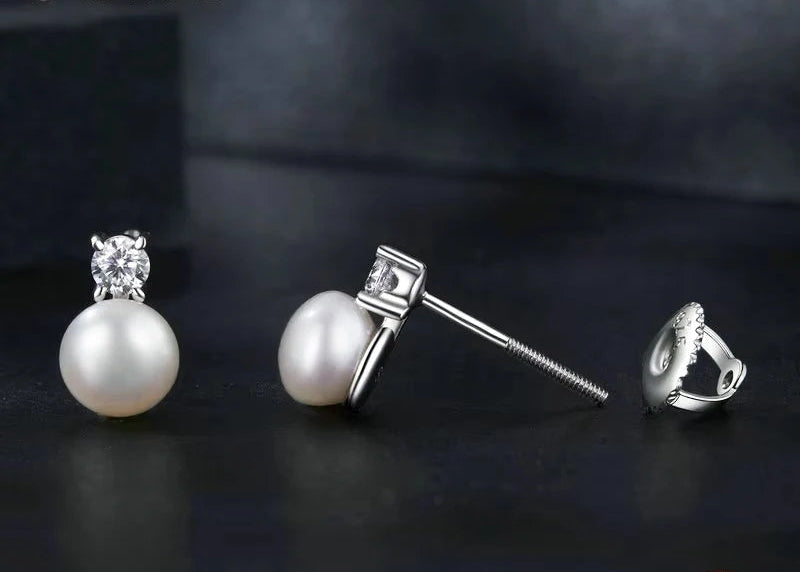 BAMOER Moissanite 925 Sterling Silver Freshwater Pearl Stud Earrings VVS1 Lab Created Diamond Wedding Earrings for Women Gift Mirror Quenn