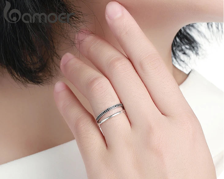 Genuine 925 Sterling Silver Double Circle Black Clear CZ Stackable Finger Ring for Women Fine Silver Jewelry Gift SCR082 Mirror Quenn