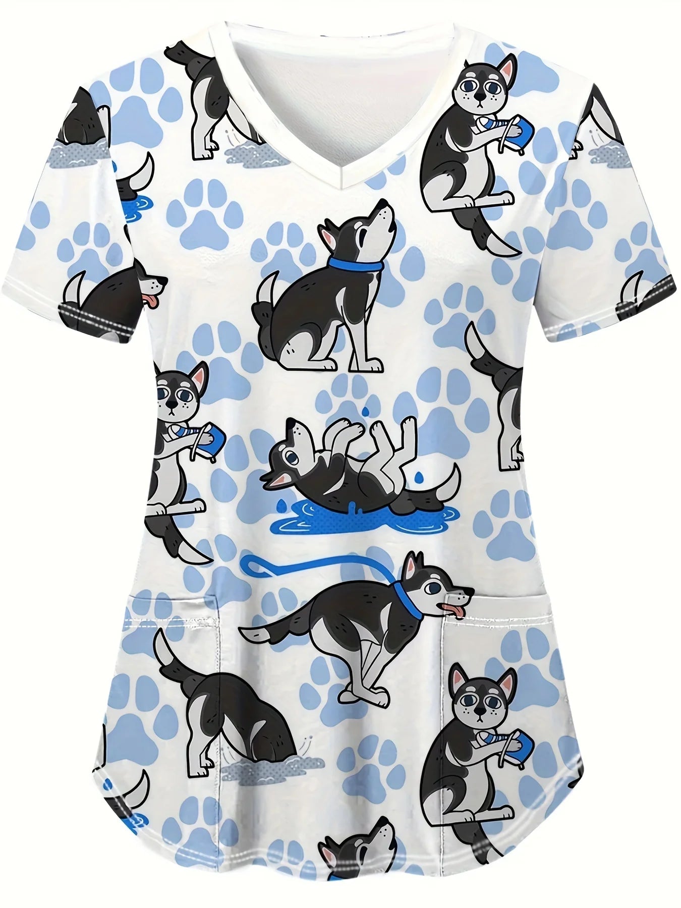 Cute Cat & Dog Print Medical Top – V-Neck Scrub