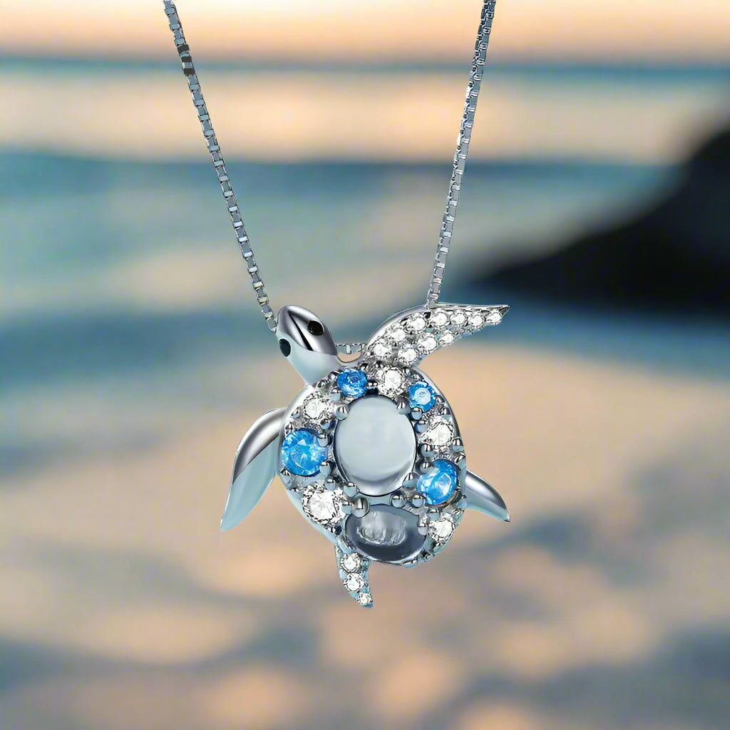 Bamoer 925 Sterling Silver Blue Spinel Sea Turtle Pendant Necklace Pave Setting CZ for Women Valentine's Day Gift Mirror Quenn