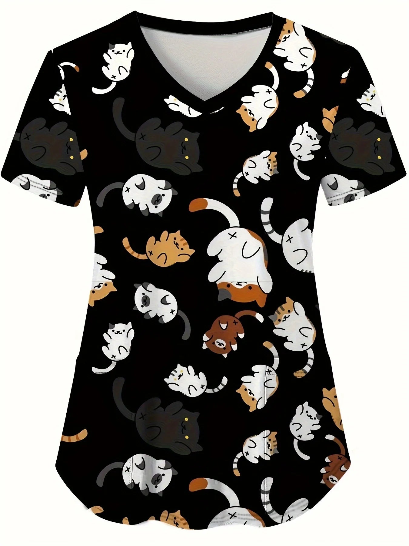 Cute Cat & Dog Print Medical Top – V-Neck Scrub