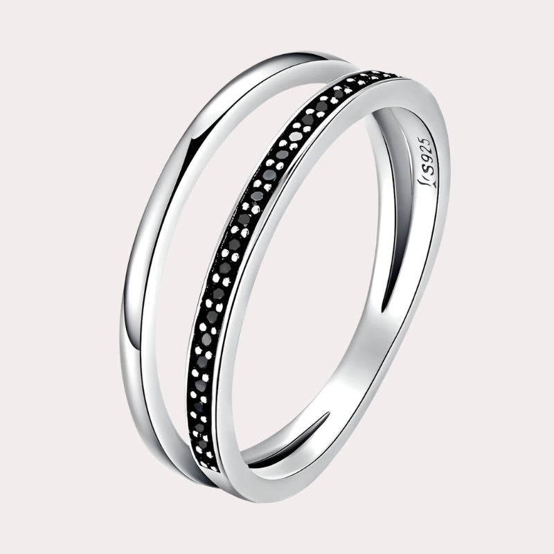 Bamoer Genuine 925 Sterling Silver Double Circle Black Clear CZ Stackable Finger Ring for Women Fine Silver Jewelry Gift SCR082 Mirror Quenn