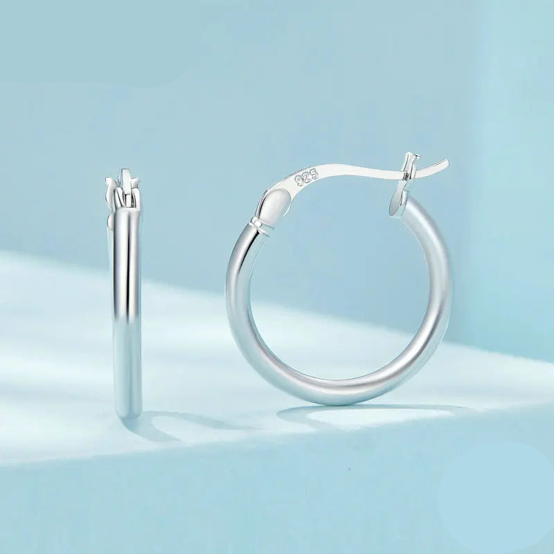 BAMOER 925 Sterling Silver Bold Classic Hypoallergenic Hoop Earrings, 14K White Gold Plated Standard Tube Earrings for Women Mirror Quenn