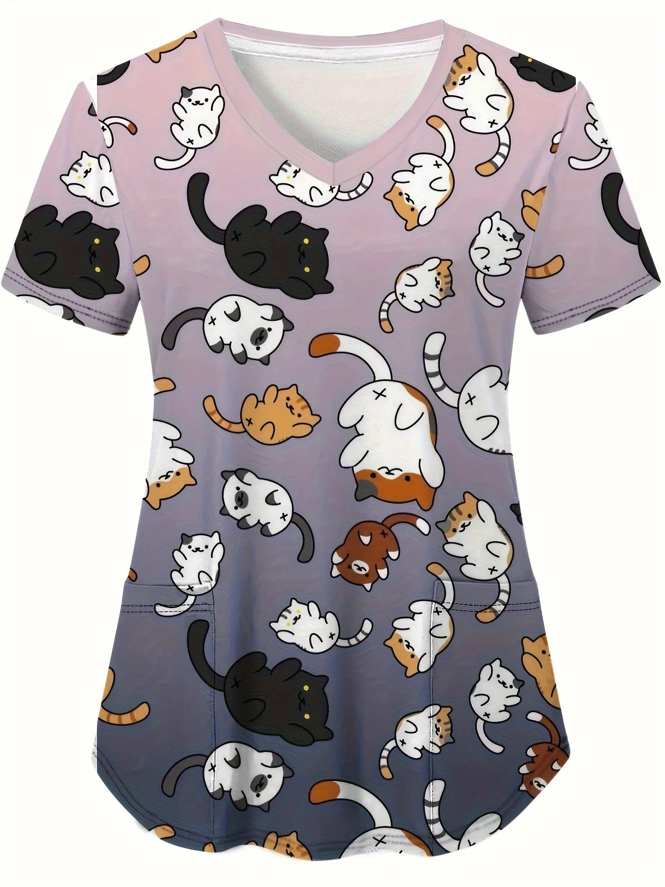Cute Cat & Dog Print Medical Top – V-Neck Scrub