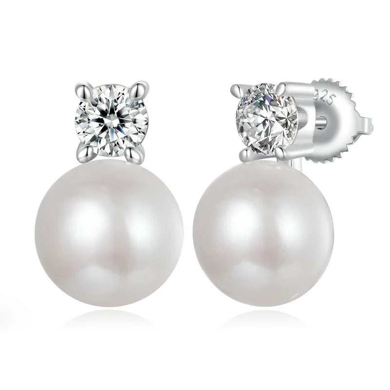 BAMOER Moissanite 925 Sterling Silver Freshwater Pearl Stud Earrings VVS1 Lab Created Diamond Wedding Earrings for Women Gift Mirror Quenn
