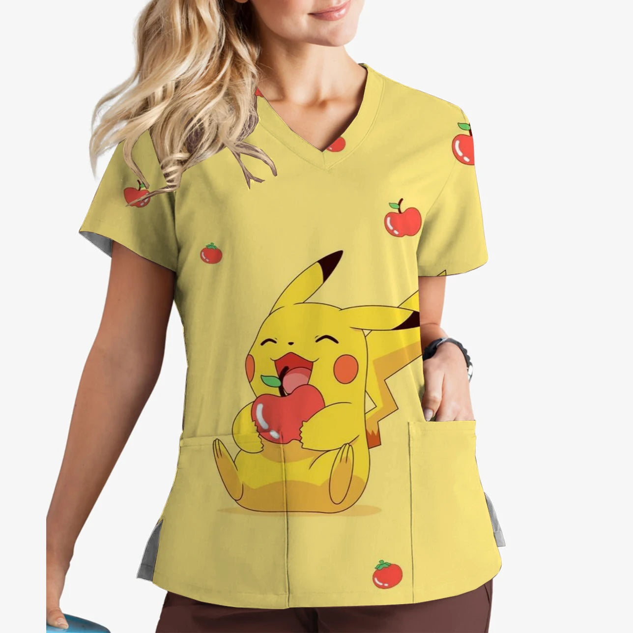Pikachu Print V-Neck Scrub Top for Women | Cute Cartoon Work Uniform - MirrorQuenn
