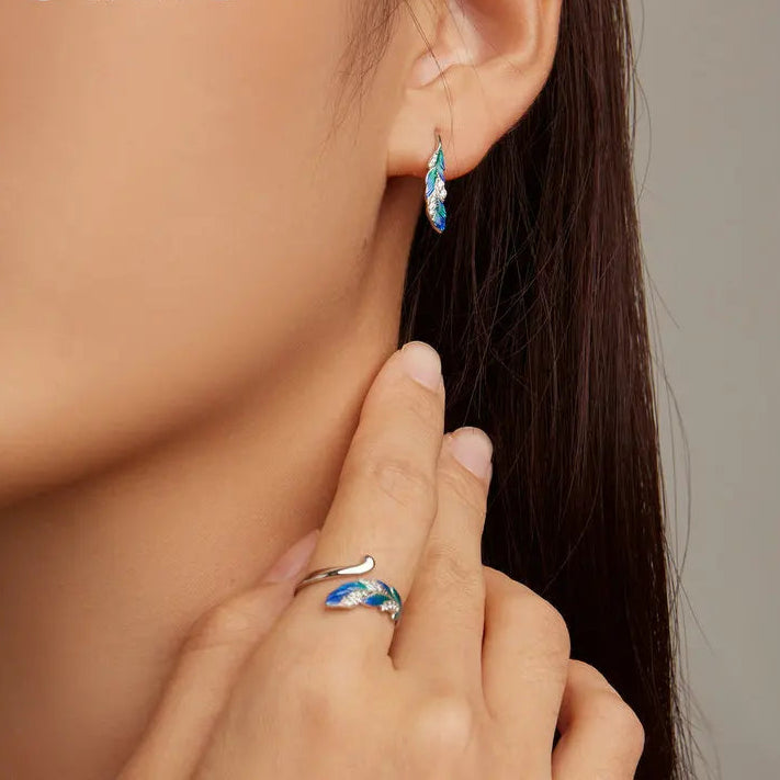 Bamoer 925 Sterling Silver Blue Peacock Feather Open Ring and Earrings Jewerly Set Pave Setting CZ for Women Chic Fine Jewelry Mirror Quenn