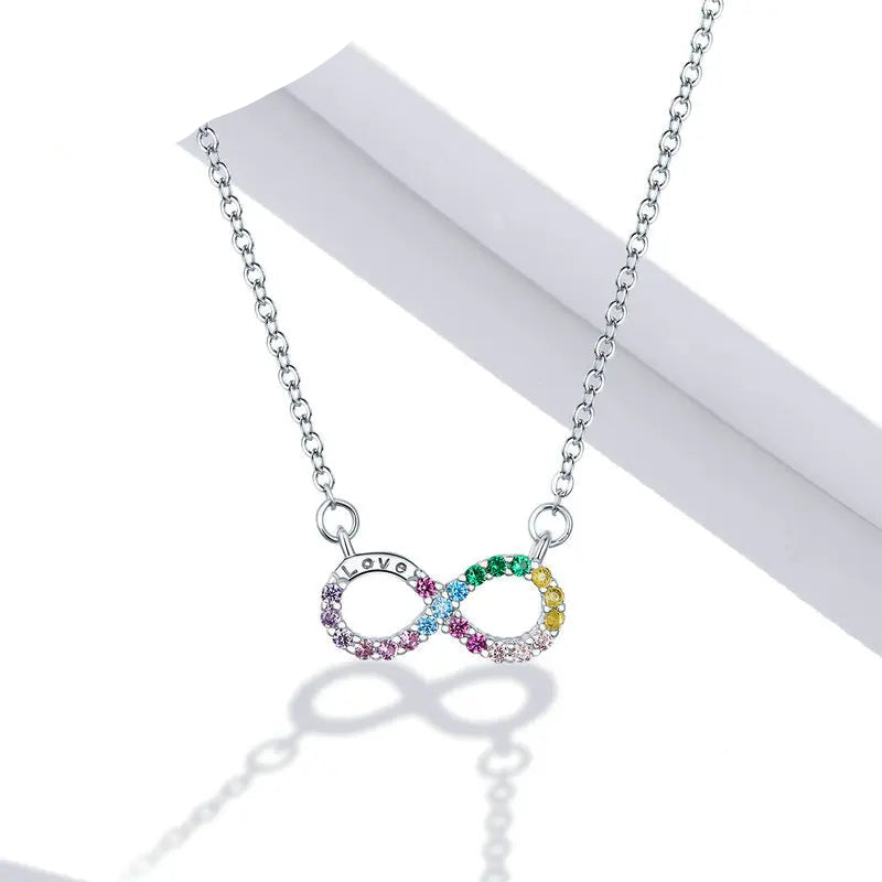 Bamoer 925 Sterling Silver Rainbow Color Colorful Infinite Love Necklace and Rainbow Stud Earrings Jewelry Set for Women Mirror Quenn