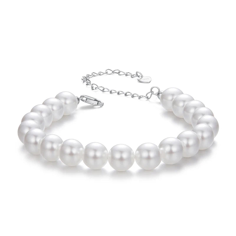 BAMOER White Pearl Bracelets for Women, 925 Silver Adjustable Clasp Chain Faux Pearl Beaded Bracelets Bridal Wedding Jewelry Mirror Quenn
