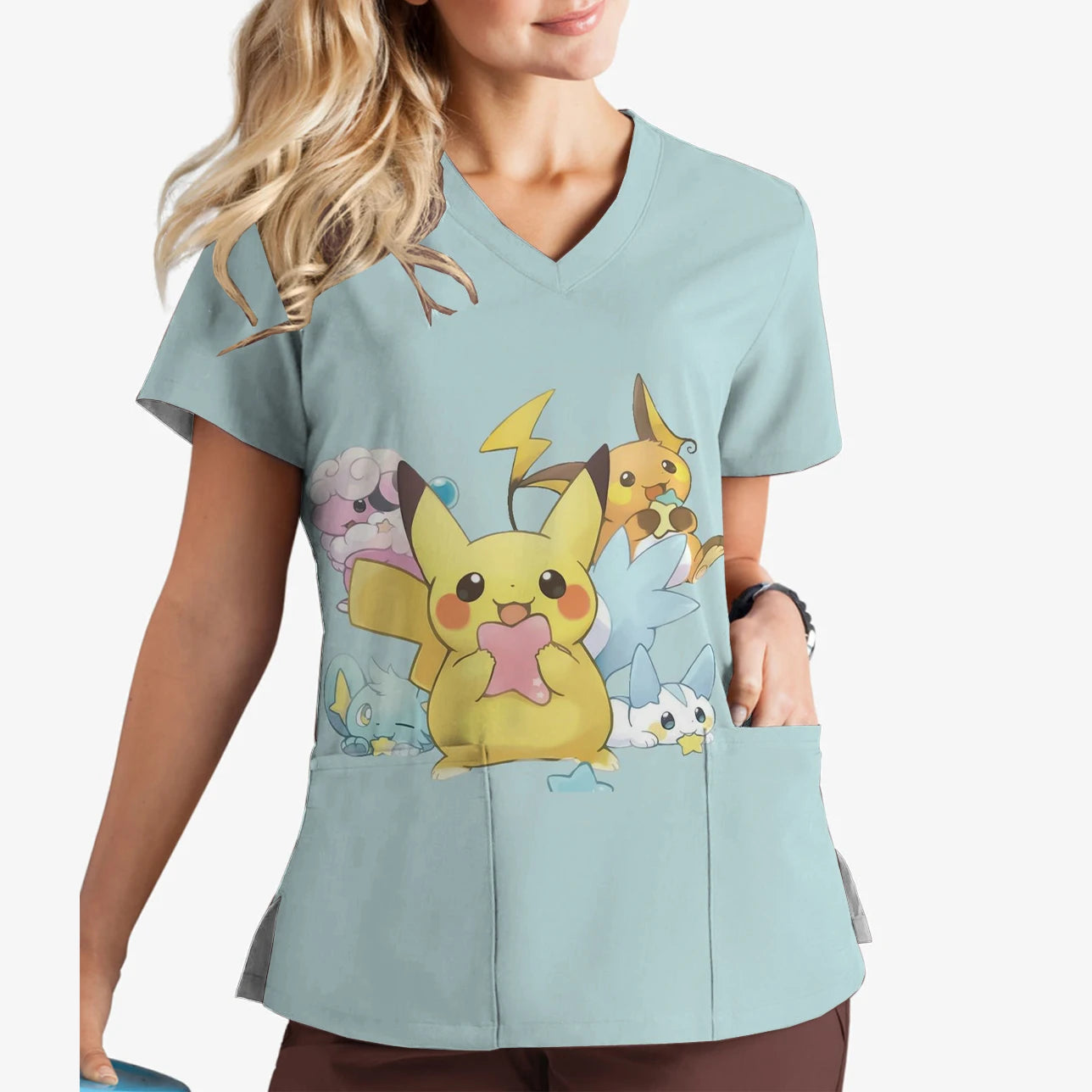 Pikachu Print V-Neck Scrub Top for Women | Cute Cartoon Work Uniform - MirrorQuenn