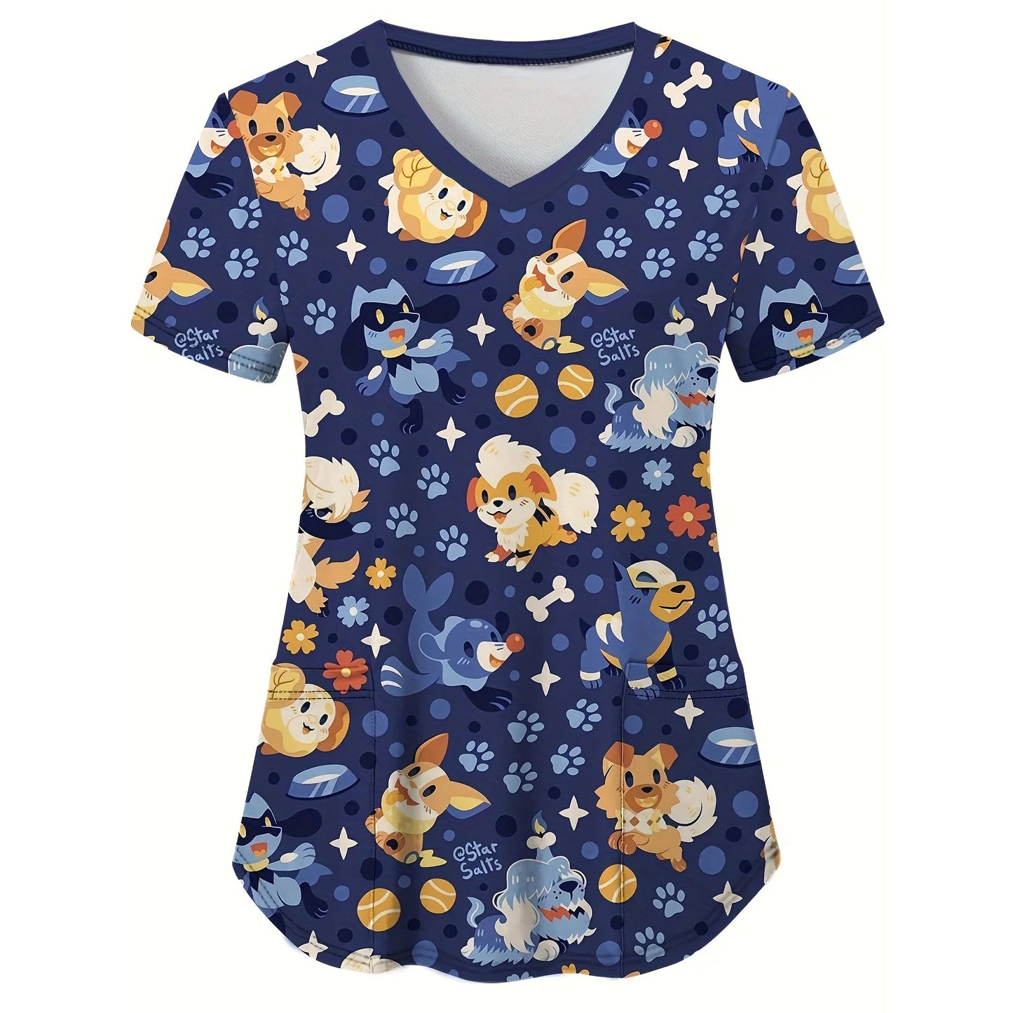 Cute Cat & Dog Print Medical Top – V-Neck Scrub