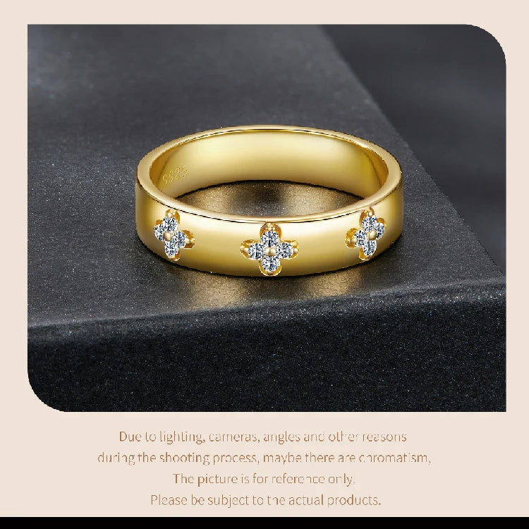 Moissanite Clover Ring 925 Sterling Silver Gold Plated Band