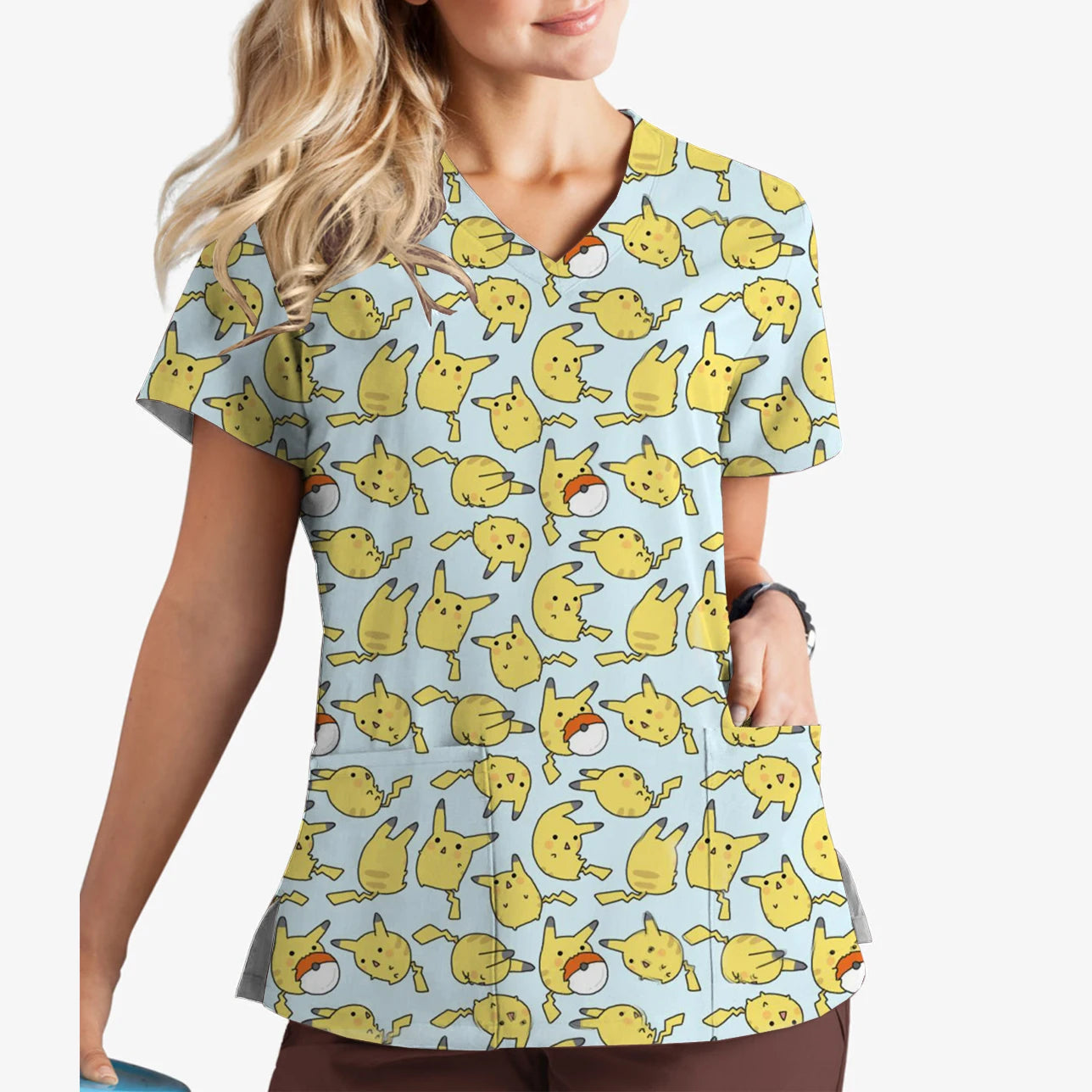 Pikachu Print V-Neck Scrub Top for Women | Cute Cartoon Work Uniform - MirrorQuenn