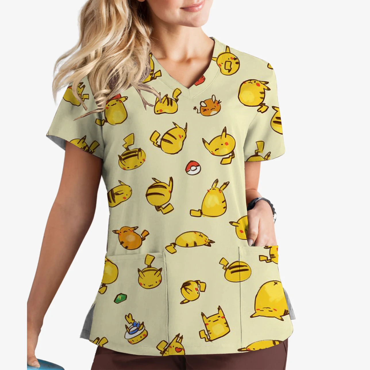 Pikachu Print V-Neck Scrub Top for Women | Cute Cartoon Work Uniform - MirrorQuenn