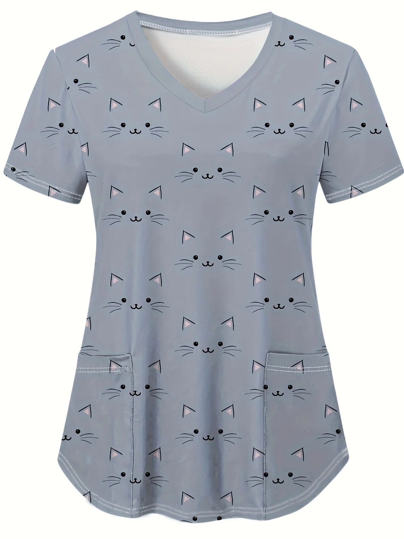 Cute Cat & Dog Print Medical Top – V-Neck Scrub