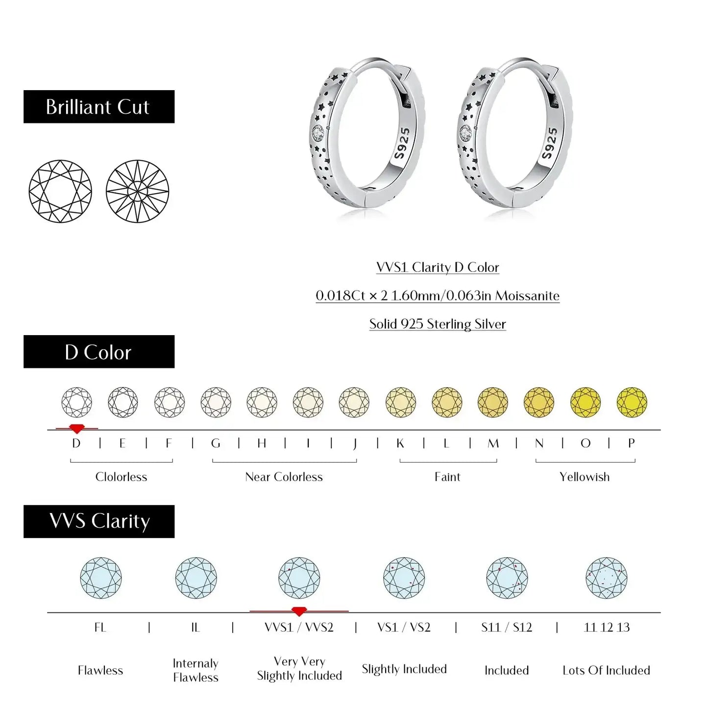 D Color Moissanite Star Hoop Earrings Mirror Quenn