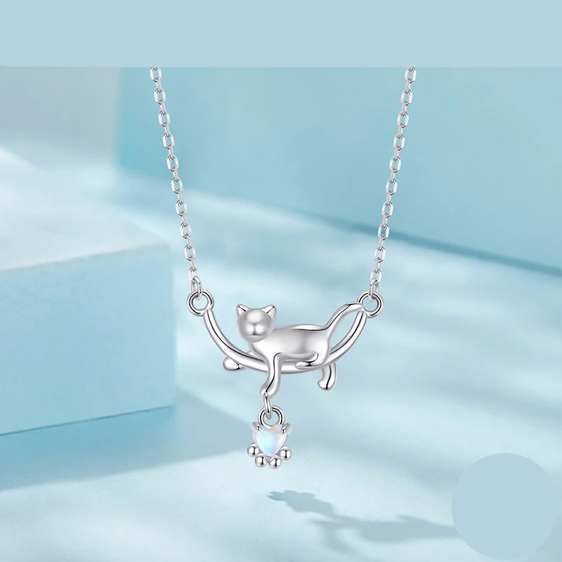 mirrorquenn 925 Sterling Silver Cat Necklace for Women - Cat Jewelry Gifts for Cat Lovers Fashion Birthday Graduation Gift SCN533