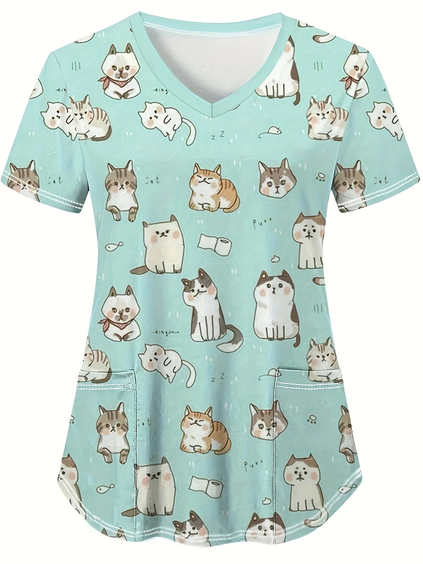 Cute Cat & Dog Print Medical Top – V-Neck Scrub