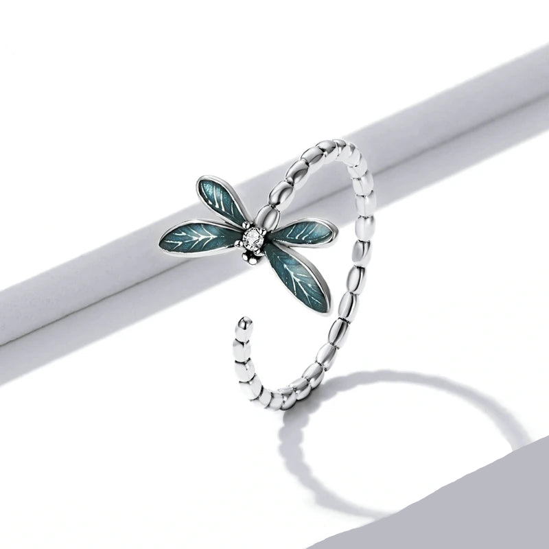 BAMOER Vintage 925 Sterling Silver Dainty Dragonfly Stud Earrings & Dragonfly Open Size Ring for Women Fine Jewelry Set Gift Mirror Quenn