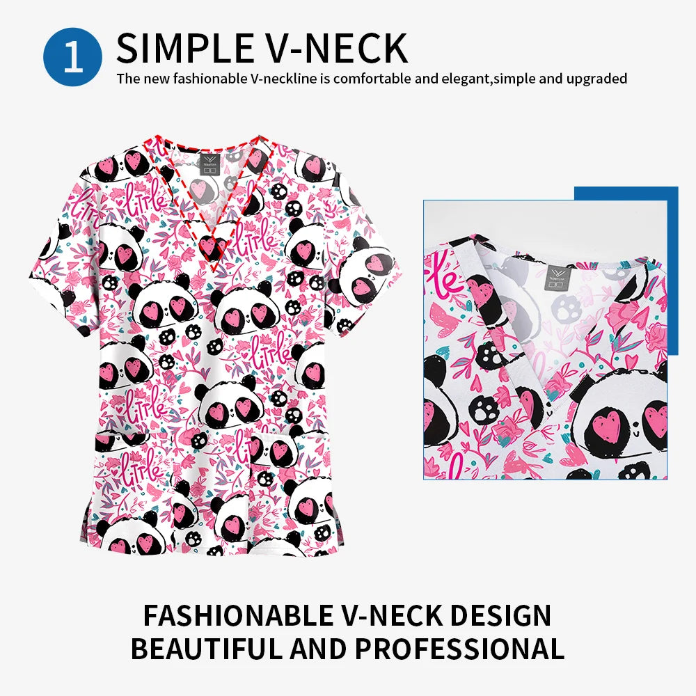 Printed Scrub Top with Pockets – V-Neck
