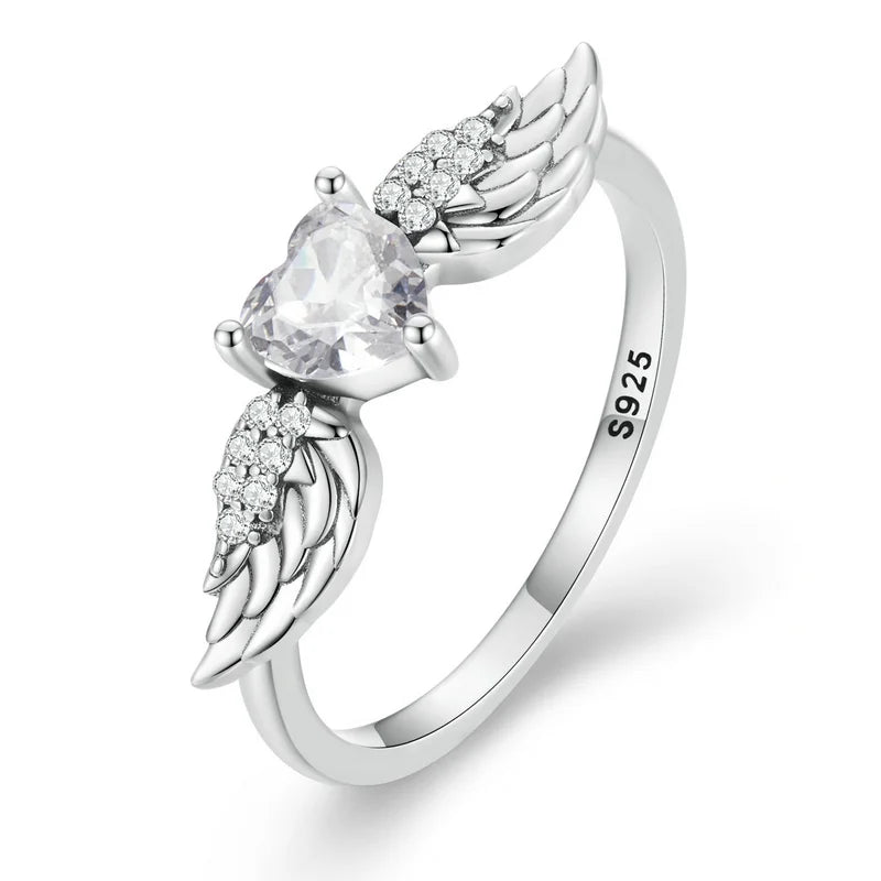 BAMOER 925 Sterling Silver Angel Wing Ring for Women Fine Jewelry Pink Heart Zircon Eternity Band Ring Wedding Gift SCR874 Mirror Quenn
