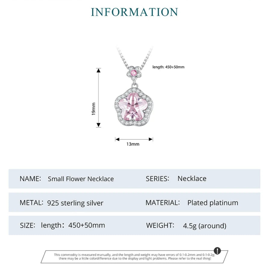 Bamoer 925 Sterling Silver Pink Flower Pendant Necklace Little Star Neck Chain Pave Setting CZ for Women Valentine's Day Gift Mirror Quenn