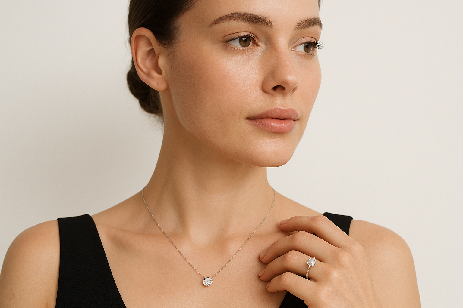 Hypoallergenic & Safe for Skin jewelry wearing model necklace and ring. moissanite minimilst jewelry