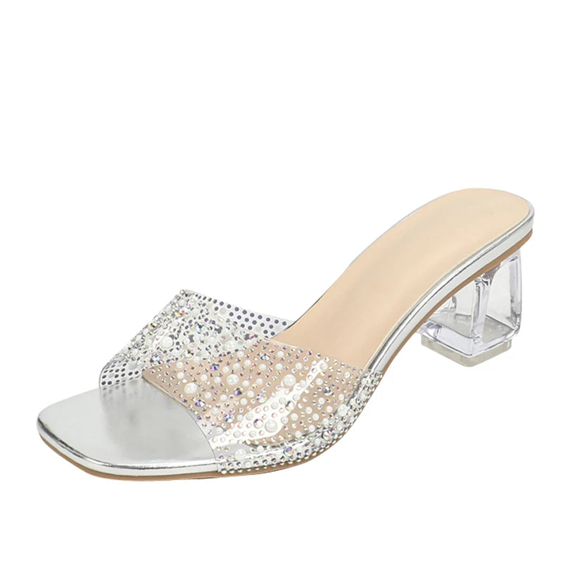 mirrorquenn Crystal Square Toe Clear Heels in shop online women's fashion