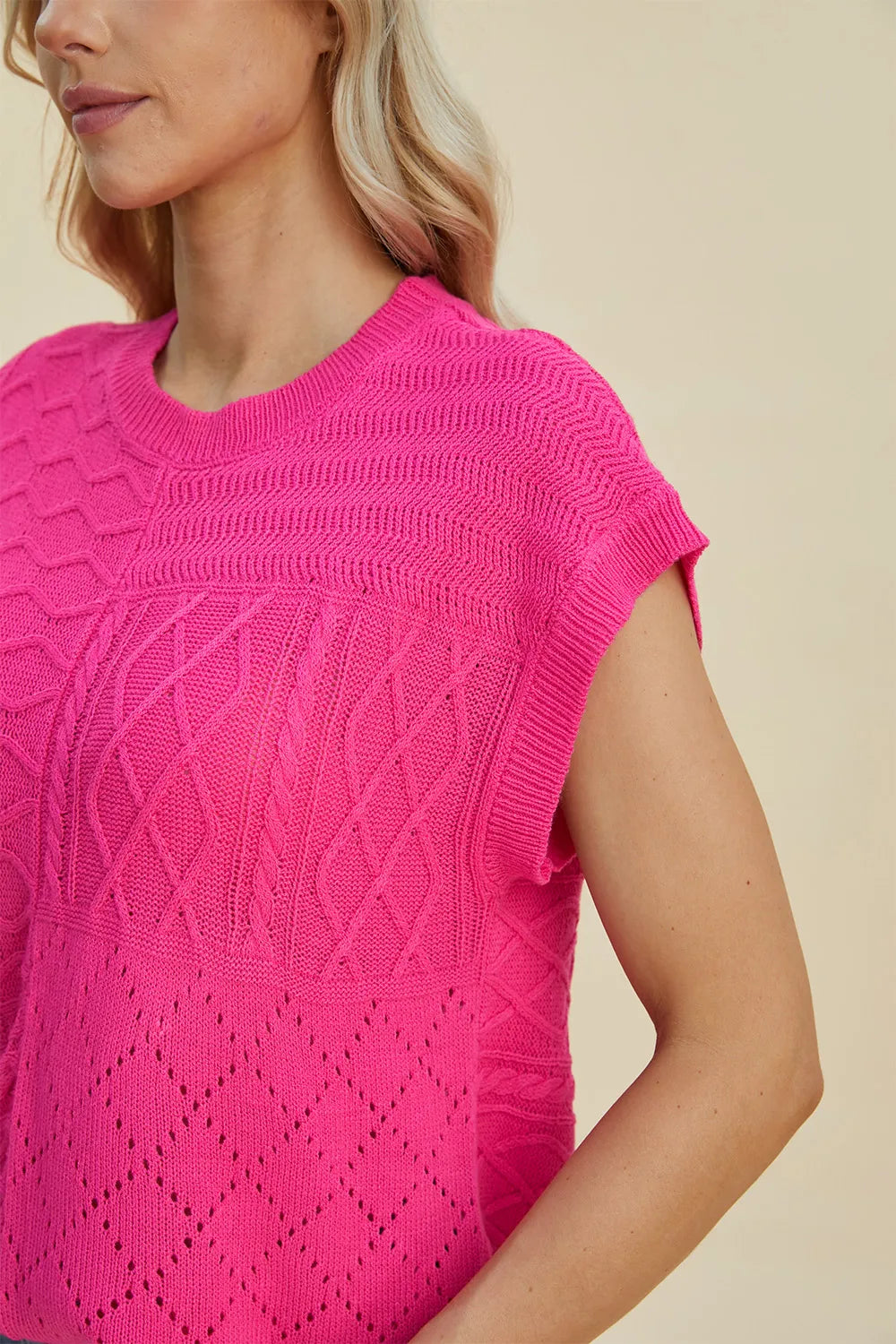 mirrorquenn Double Take Full Size Cable-Knit Round Neck Cap Sleeve Sweater in shop online women's fashion
