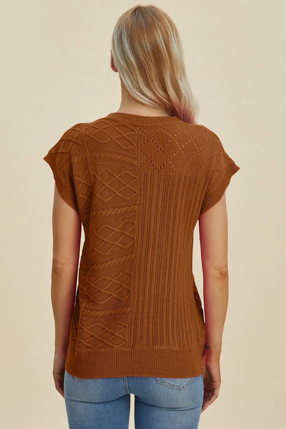 mirrorquenn Double Take Full Size Cable-Knit Round Neck Cap Sleeve Sweater in shop online women's fashion