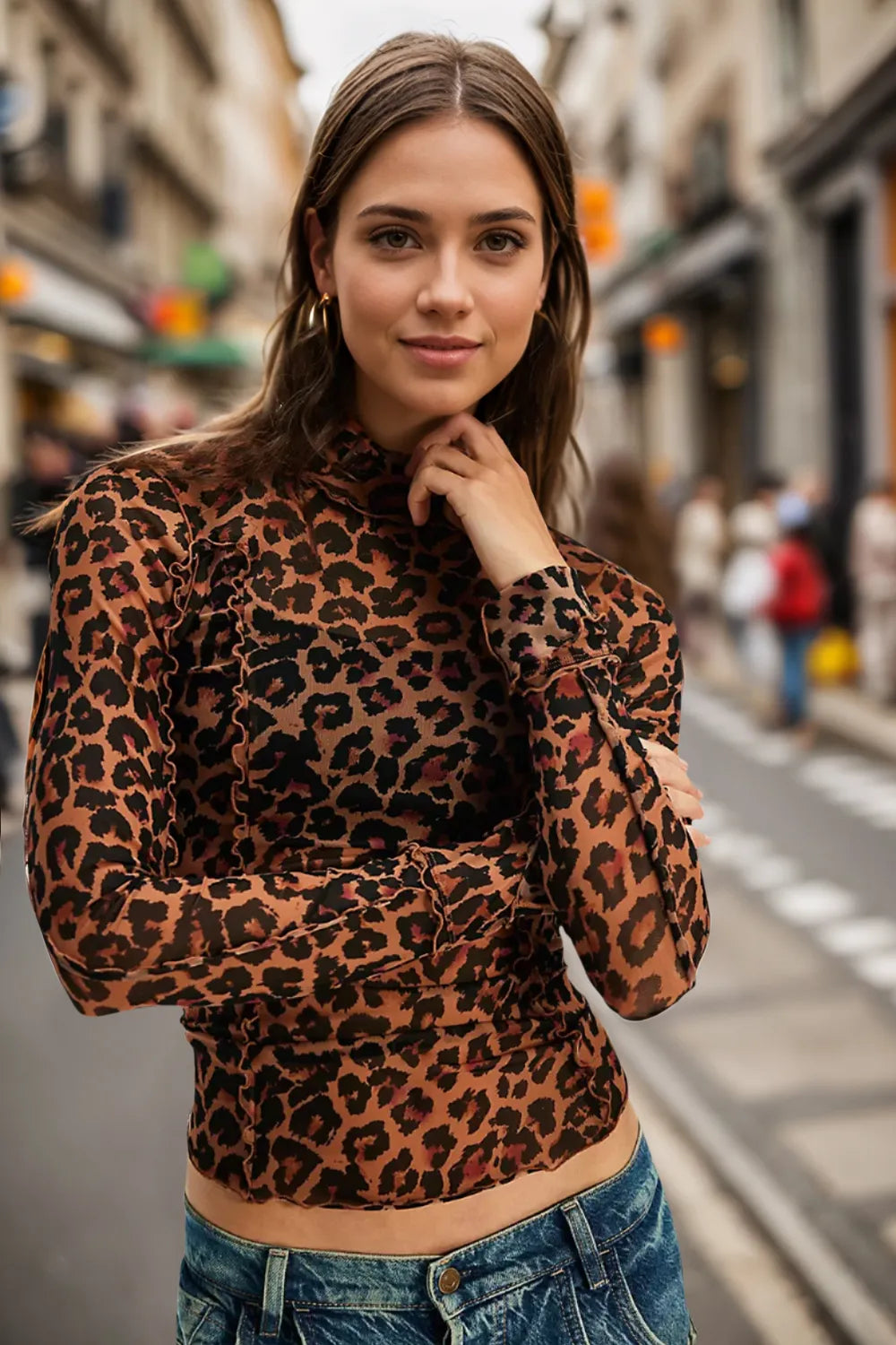 mirrorquenn Full Size Frill Printed Mock Neck Long Sleeve Top in shop online women's fashion