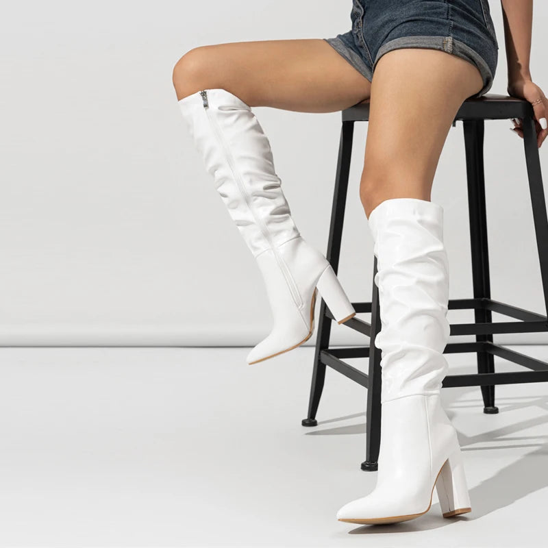 mirrorquenn Pink Pleated Knee-High Heeled Boots in shop online women's fashion