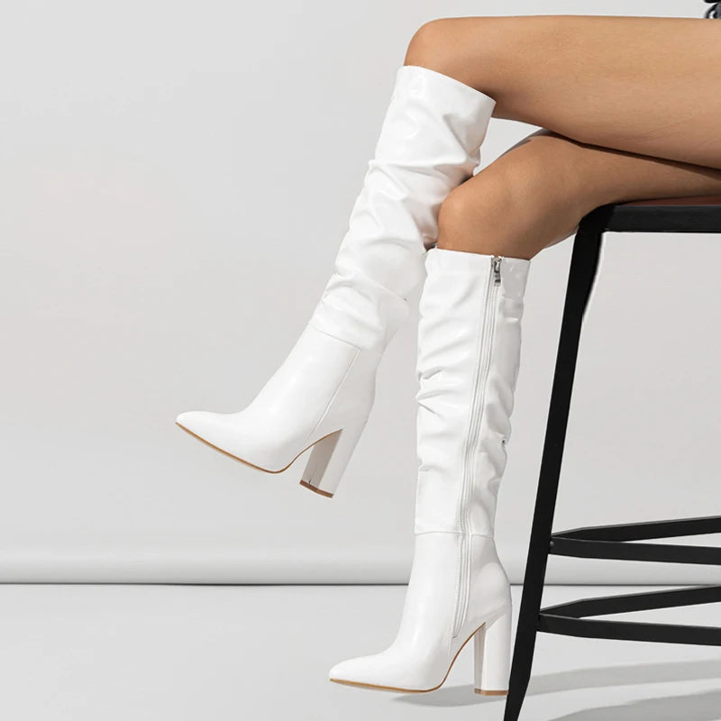 mirrorquenn Pink Pleated Knee-High Heeled Boots in shop online women's fashion