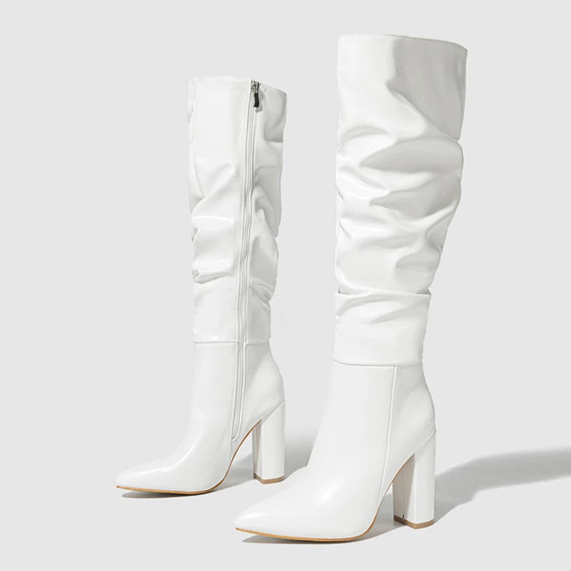 mirrorquenn Pink Pleated Knee-High Heeled Boots in shop online women's fashion