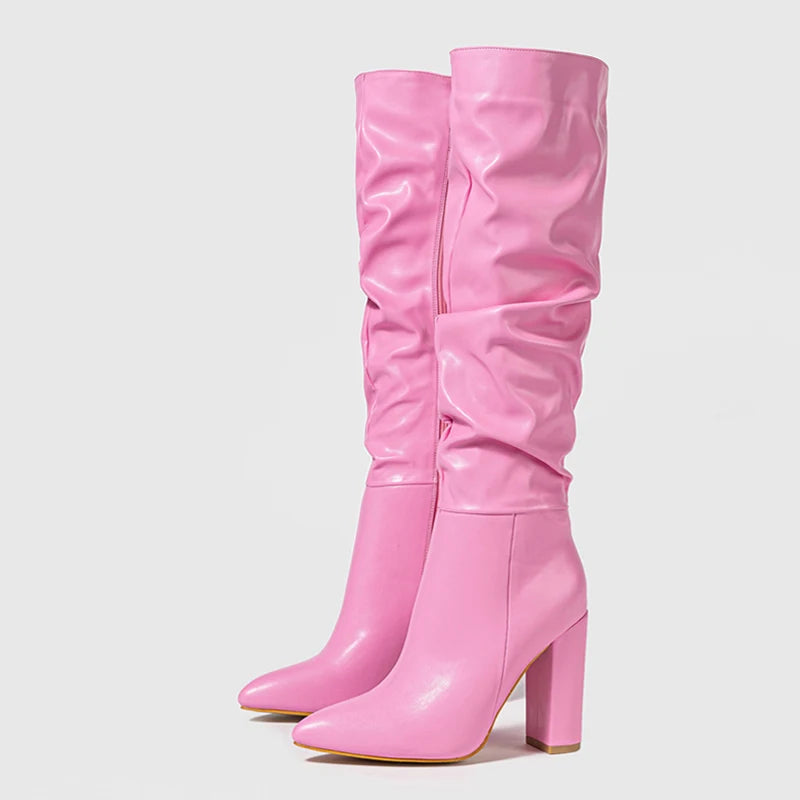 mirrorquenn Pink Pleated Knee-High Heeled Boots in shop online women's fashion