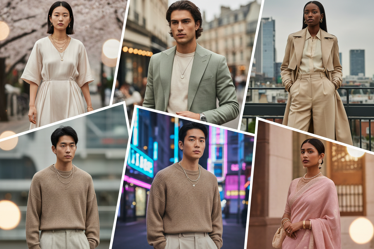 TikTok fashion trends collage with layered jewelry accessories and aesthetic outfits