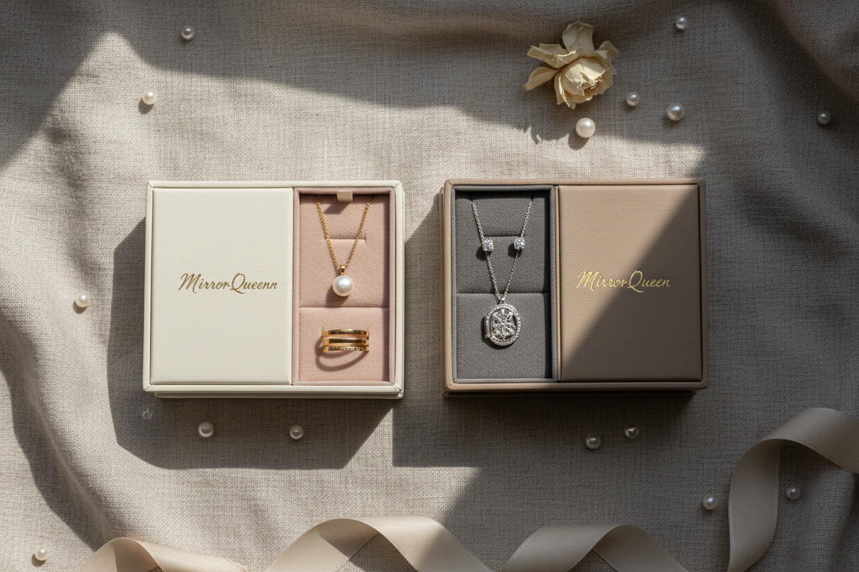 MirrorQuenn vs Mirror Queen brand comparison flat-lay with rings and necklaces